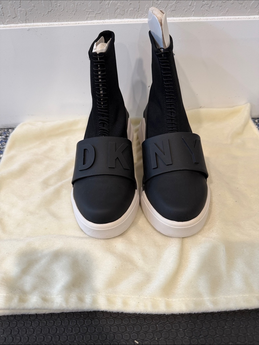 DKNY Black and White Platform Sock Sneakers with Logo Strap